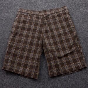 Point Zero Plaid Shorts Mens 34 Brown Blue Y2k Skater Relaxed Fit Baggy 10"
